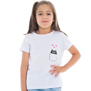 T-Shirt verão infantil  menina Branca bolsinho gatinho