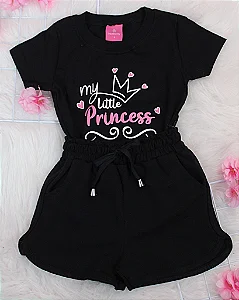 Conjunto Infantil Short Preto c/ Camiseta Princess 2 ao 14