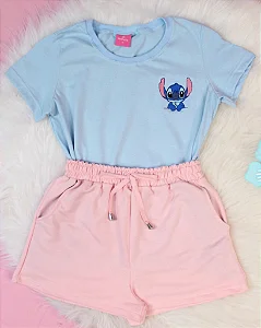 Conjunto Infantil Shorts Rosa c/ Camiseta Stitch Azul 2 ao 14