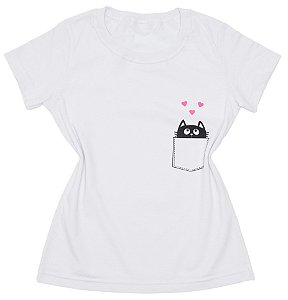 T-Shirt verão Feminina Adulta camiseta Branca Bolsinho Gatinho