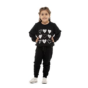 Conjunto Inverno  moletom feminino infantil Preto Corações