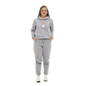 Conjunto Inverno moletom peluciado feminino com capuz e bolso canguru adulto mescla smile