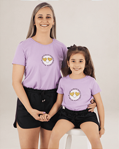Conjunto verão Mãe e Filha: Short preto boxer e Camiseta lilás smile - Tamanhos 2 ao GG
