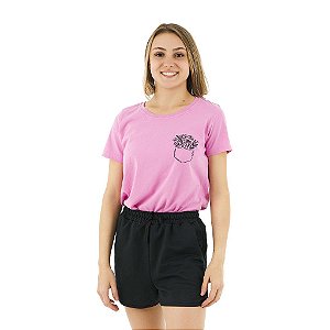 Conjunto verão Feminino: Short Preto e Camiseta Rosa Blush com Bolsinho Florido
