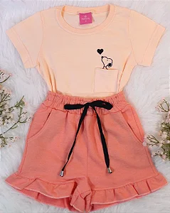 Conjunto Infantil Snoopy c/ Short Babado Salmão 2 ao 14