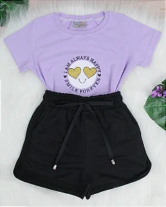 Conjunto Infantil Smile Lilás c/ Short Preto 2 ao 14