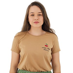 T-Shirt verão Feminina Adulta camiseta cappuccino bordada doce como cereja P ao G3
