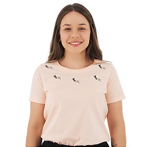 T-Shirt verão Feminina Adulta camiseta salmão claro bordado abelhinhas P ao G3