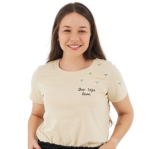 T-Shirt verão Feminina Adulta camiseta bege bordada seja leve P ao G3