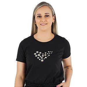 T-Shirt verão Feminina Adulta camiseta preta coração margaridas P ao G3