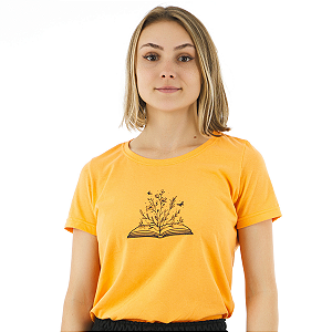 T-Shirt verão Feminina Adulta camiseta laranja paradise livro flores P ao G3