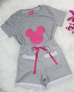 Conjunto Infantil Short Cinza c/ Camiseta Cinza Rosa 2 ao 14