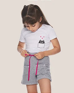 Conjunto Infantil Gatinho c/ Shorts Mescla 2 ao 14