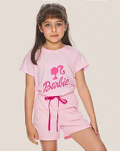 Conjunto Barbie Rosa Claro: Camiseta Algodão, Shorts 2 ao 14