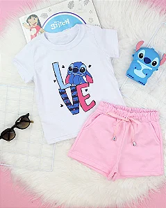 Conjunto Infantil Stitch Love c/ Shorts Rosa Claro 2 ao 14