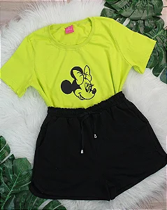 Conjunto Infantil Verde Minnie c/ Shorts Preto 2 ao 14