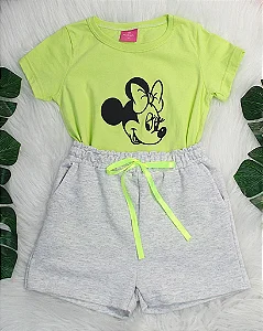 Conjunto Infantil Minnie Verde Neon c/ Shorts Cinza 2 ao 14