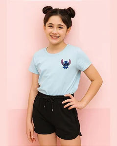 Conjunto Infantil Stitch Azul c/ Shorts Preto 2 ao 14