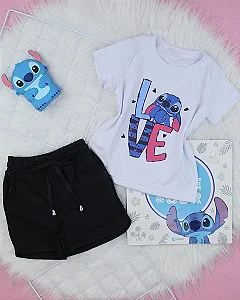 Conjunto Infantil Stitch Love c/ Shorts Boxer Preto 2 ao 14