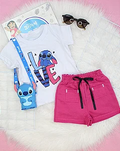 Conjunto Infantil Stitch Love c/ Shorts Rosa Pérolas 2 ao 14