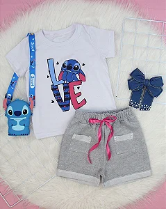 Conjunto Infantil Stitch c/ Shorts Mescla e Laço Rosa 2 ao 14