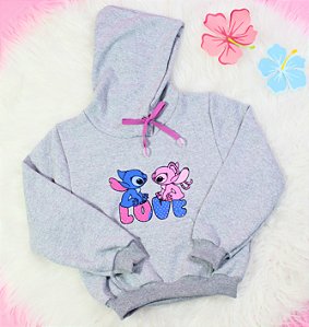 Casaco Moletom Infantil Cinza com Estampa Love Stitch & Angel
