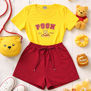 Conjunto verão infantil menina ursinho pooh shorts bordô