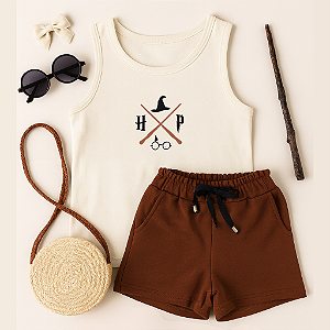 Conjunto verão infantil meninas harry potter shorts marrom