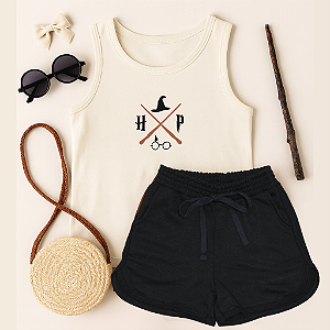 Conjunto verão infantil meninas harry potter shorts preto