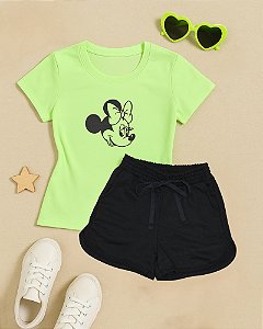 Conjunto Infantil Menina Minnie Camiseta + Shorts preto 2 a 14
