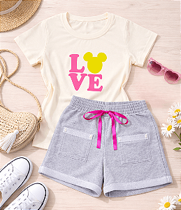 Conjunto Infantil Menina Love minnie Camiseta+Shorts mescla