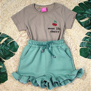 Conjunto Infantil Menina camisa cereja Shorts Babado 2 a 14
