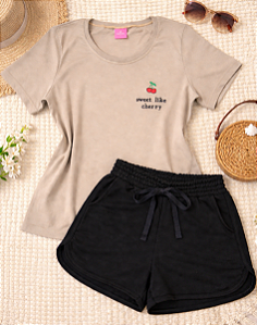 Conjunto Infantil Menina camisa cereja Shorts preto 2 a 14