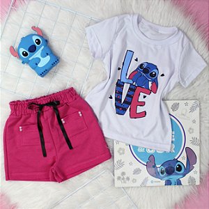 Conjunto Infantil Menina camisa Stitch  Shorts Pink  2 a 14