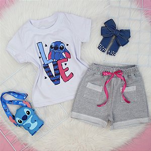 Conjunto Infantil Menina camisa Stitch  Shorts Mescla  2 a 14