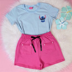Conjunto Infantil Menina Camisa Azul Stitch Shorts Pink 2 a 14