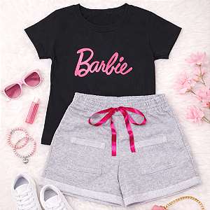 Conjunto Infantil Menina Camisa Preta Barbie Shorts Mescla  2 a 14