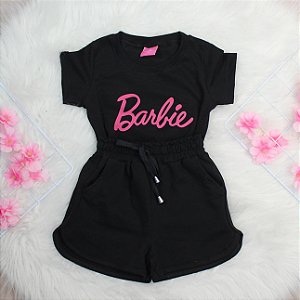 Conjunto Infantil Menina Camisa Preta Barbie Shorts Preto 2 a 14