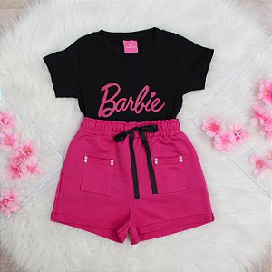 Conjunto Infantil Menina Camisa Preta Barbie Shorts Pink 2 a 14
