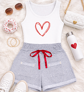 Conjunto Infantil Menina Regata Branca Coração Shorts Mescla 2 a 14