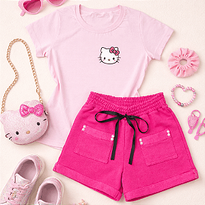 Conjunto Infantil Menina Camisa Rosa Hello Kitty Shorts Pink  2 a 14