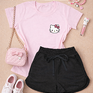 Conjunto Infantil Menina Camisa Rosa Hello Kitty Shorts Mescla 2 a 14
