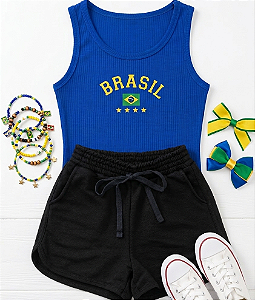 Conjunto Verão Infantil Meninas Regata Azul Brasil Shorts Preto