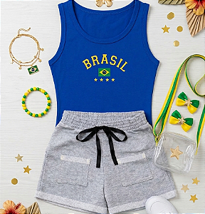 Conjunto Verão Infantil Meninas Regata Azul Brasil Shorts Mescla