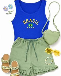 Conjunto Verão Infantil Meninas Regata Azul Brasil Shorts Verde