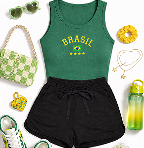 Conjunto Verão Infantil Meninas Regata Verde Brasil Shorts Preto