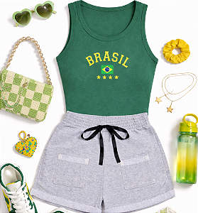 Conjunto Verão Infantil Meninas Regata Verde Brasil Shorts Mescla