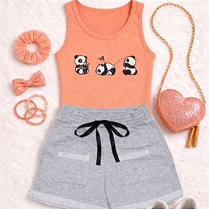 Conjunto Verão Infantil Meninas Regata Salmão Pandas Shorts Mescla