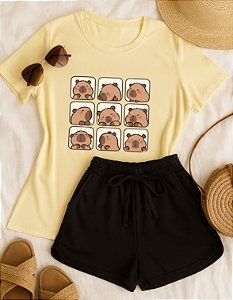 Conjunto Infantil Menina Camisa Capivara Shorts Preto 2 a 14