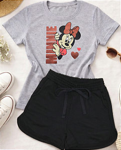 Conjunto Infantil Menina Camisa Mescla Minnie Shorts Preto 2 a 14